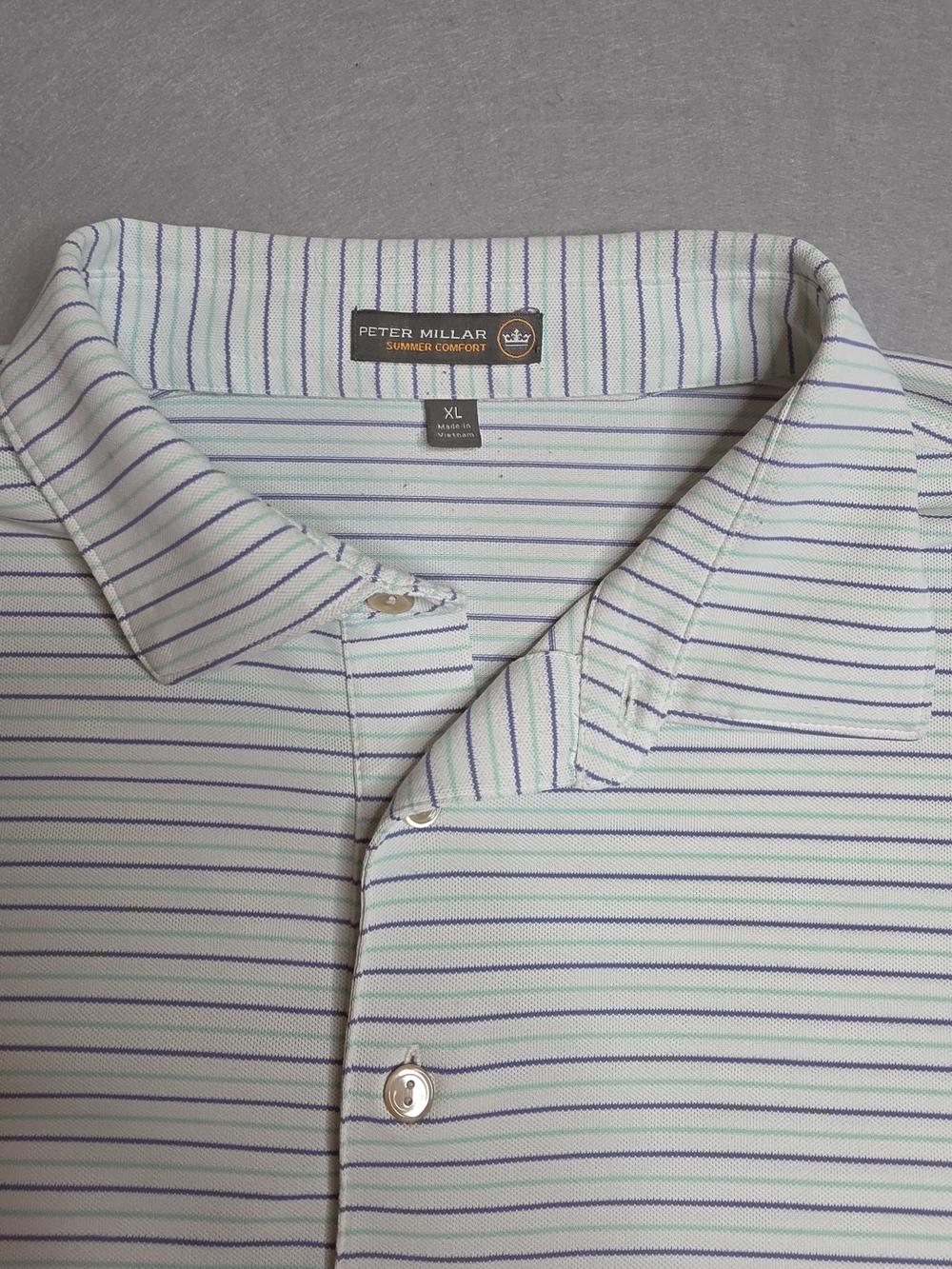 Peter Millar Polo Summer Comfort Shirt in White with Purple & Green Stripes XL